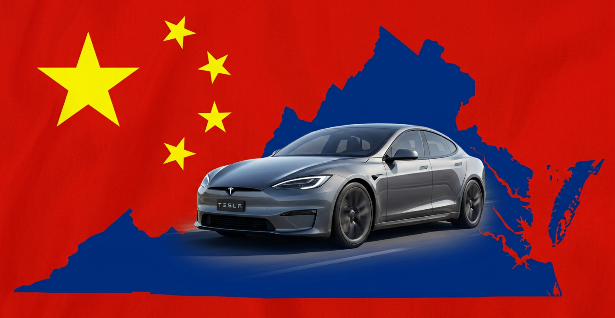 Tesla car on a map of Virginia over the flag of China